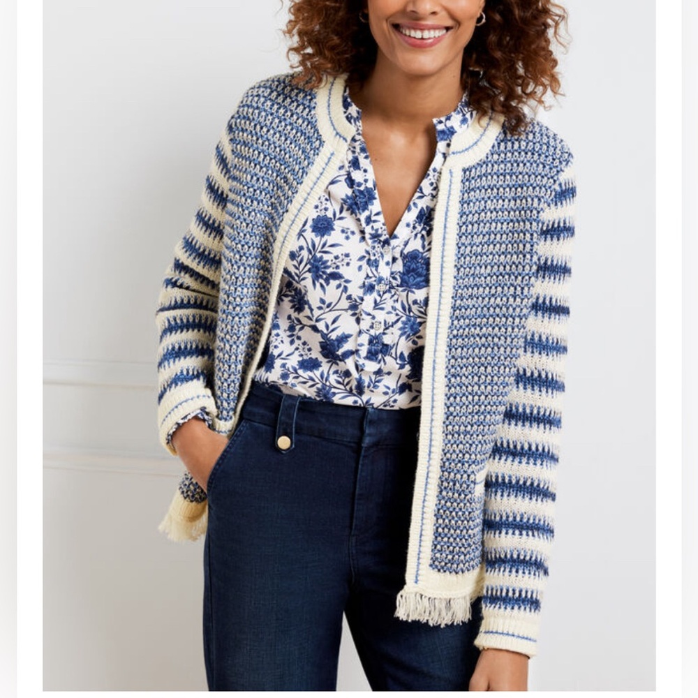 Talbots Mixed Texture Jacket Cardigan Blue White Striped Sweater Fringe XL - Picture 2 of 8